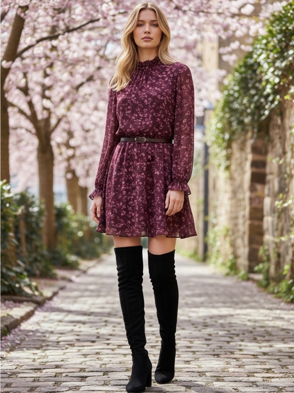 New Look Burgundy Floral High-Neck Long Sleeve Mini Dress